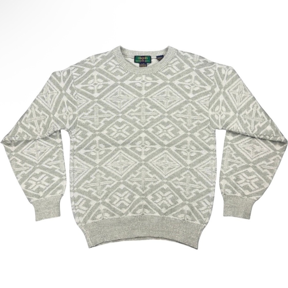 Vtg 90s Colours by Alexander Julian Men's L Gray Wool Sweater Geometric Knit
